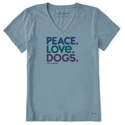 Life Is Good Peace Love Dogs Women's Blue-Gray V-Neck Tee, Medium